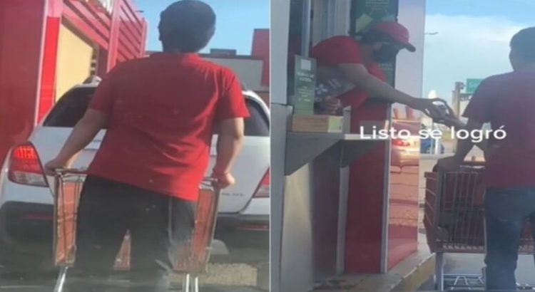 Se viralizan jóvenes al hacer fila con carrito del súper para comprar un café
