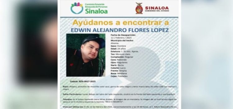 Reportan como desaparecido a Edwin Alejandro